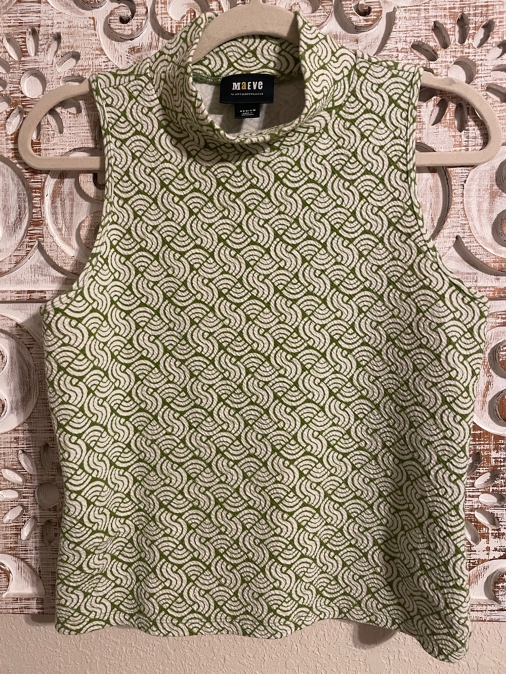 Maeve Green and Cream Geometric Mock Neck Tank